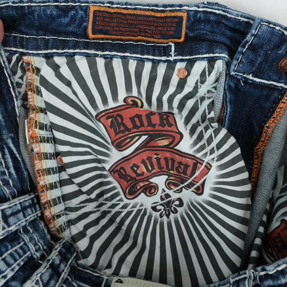 Rock Revival Jeans Mens 33 35x32.5 Blue Baxter Straight Distressed Streetwear - Picture 7 of 13